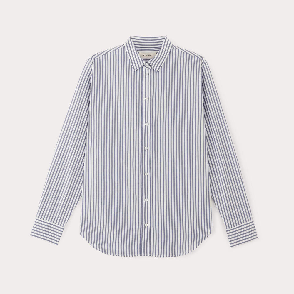 Everlane Women's Must-Have Shirt in Silky Cotton in White/Dark Blue, Size 8